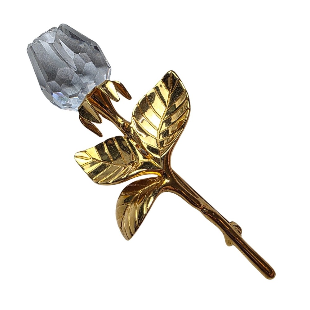 Swarovski Crystal Rose Brooch Gold Tone‎ Flower Pin Swan Logo Vintage AS IS Chip